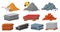 Construction materials set, flat vector illustration. Pile of sand cement stones bricks. Gypsum blocks, metal roof, tile