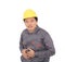 Construction migrant worker with stomach ache in front of white background