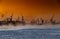 The construction of nuclear icebreakers at magic sunset, cranes of of the Baltic shipyard in a frosty winter day, steam