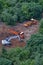 Construction in a park with green trees, top view - July 10, 2020, Moscow, Russia