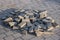 Construction pavement stones and bricks on terrace, road or sidewalk on the city street.