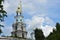 Construction and restoration of the Kostroma Kremlin. The bell tower. In the 1930s, the Kremlin was blown up. Blue sky