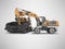 Construction road machinery loading wheeled excavator on an asphalt paver 3d rendering on gray background with shadow