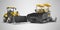 Construction road machinery yellow tracked paver and wheeled bulldozer 3d rendering on gray background with shadow