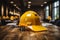 Construction safety Yellow helmet positioned on a table for workers