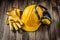Construction sawety wear tools yellow helmet leather gloves earphones