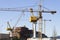 Construction of a ship in the shipyard of Vigo with cranes and scaffolds