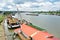 Construction Ships Docked At River Sava,Belgrade, Serbia