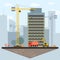 Construction site clip art with skyscraper, crane, excavator, construction sign, truck