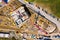 Construction site with cranes. Construction workers are building. Aerial view of construction site of residential area buildings