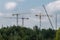 Construction site with cranes near forest with blue sky background