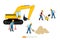 Construction site. excavator Heavy vehicle and Builder or worker set. Vector illustration in flat style