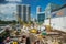 Construction site in Hong Kong, modern skylines as background. Hong Kong, China. January 2018