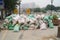 The construction site of the sandbags piled up