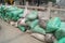 The construction site of the sandbags piled up