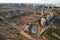 Construction site with tower crane on formworks. Crane on construction the building and multi-storey residential homes. Housing