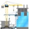 Construction site with tower cranes and buildings under construction. Vector illustration of the construction of houses.