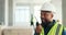 Construction site, walkie talkie and engineer black man for architecture planning, contractor staff management and