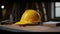 Construction team planning, Yellow safety helmet on the office desk with contract