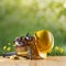 Construction tool and helmet on green nature background