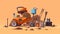 Construction tools, Cartoon caricature tools. Plastic cap, surveyor, masonry trowel, mortar mixer, sand cart, light brown and