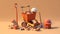 Construction tools, Cartoon caricature tools. Plastic cap, surveyor, masonry trowel, mortar mixer, sand cart, light brown and