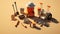 Construction tools, Cartoon caricature tools. Plastic cap, surveyor, masonry trowel, mortar mixer, sand cart, light brown and