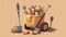 Construction tools, Cartoon caricature tools. Plastic cap, surveyor, masonry trowel, mortar mixer, sand cart, light brown and