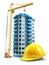 Construction tower crane, helmet and model house