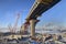 Construction two-tier road bridge across sea channel of Saint-Petersburg, Russia.