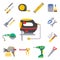 Construction vector worker equipment house renovation handyman tools carpentry industry illustration.