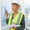Construction, walkie talkie and portrait of black woman with blueprint for engineering, building and architecture