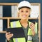 Construction, walkie talkie and portrait of black woman with tablet for engineering, building and architecture