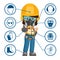 Construction woman industrial worker with personal protective equipment and icons, safety pictograms. Industrial safety and