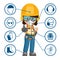 Construction woman industrial worker with personal protective equipment and icons, safety pictograms. Industrial safety and