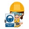 Construction woman industrial worker with warning sign of mandatory use of safety helmet. Industrial safety and occupational