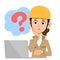 A construction woman who operates a computer with doubt beige clothes