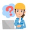 A construction woman who operates a computer with doubt blue clothes