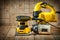 Construction woodworking tools on sawmil wood background