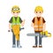 Construction work. Clothing and tools worker. Cartoon flat illustration. Chainsaw and Logger. Maintenance service