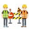 Construction work. Clothing and tools worker. Yellow uniform, gloves, green vest and helmet. Cartoon flat illustration