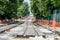 Construction work on the construction of new roads and laying of tram rails in Lviv, Ukraine