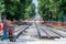 Construction work on the construction of new roads and laying of tram rails in Lviv, Ukraine