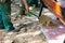 A construction worker backfills freshly laid paving stones with sand.