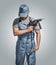 Construction worker builder with drill and wrench on the isolated background