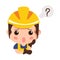 Construction worker Cartoon thinking with question mark . Thinks about problem vector illustration. expression and think problem