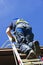 Construction worker climbing ladder