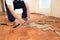 Construction worker and Handyman is removing old wooden parquet flooring using yellow hammer and scraping tool.