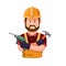 Construction Worker holding Drill and Hammer in Hand. Professional Builder with Work Tool Character Figure in Cartoon Illustration