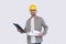 Construction Worker Holding House Plan and Clipboard in Hands. Architect Holding Blueprints. Yellow Hard Helmet. Worker